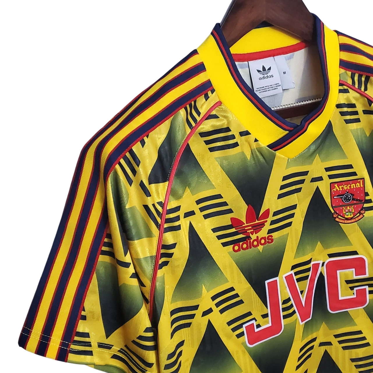 Arsenal Away Retro Jersey 1991-1993 – Iconic yellow and blue "bruised banana" design, featuring the classic Arsenal crest and vintage JVC sponsor logo. Perfect for collectors and loyal fans