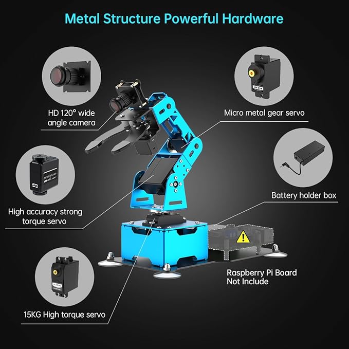 Robotic Arm for Raspberry 4B Robot Kit Open Source Programming AI Vision 5DOF/Axis Robot Arm, Coding Smart Robot Learning for Teens Adults