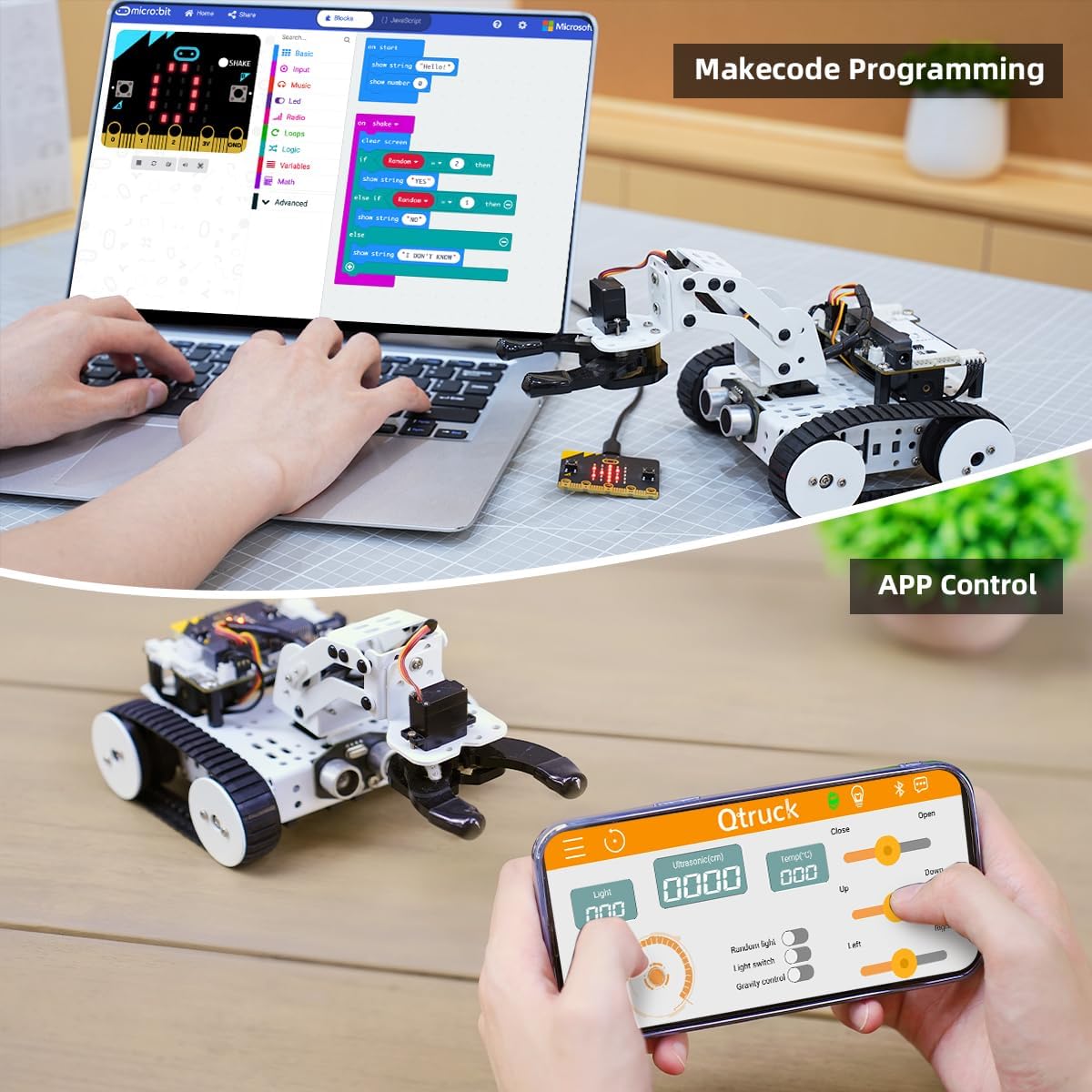 Qtruck 4-in-1 Smart Robot Car for Micro:bit V2 Programming STEM Project Educational Robot Kit Tracked Tank Car for Robotics Beginner Learn micro: bit Graphical Makecode Coding Car