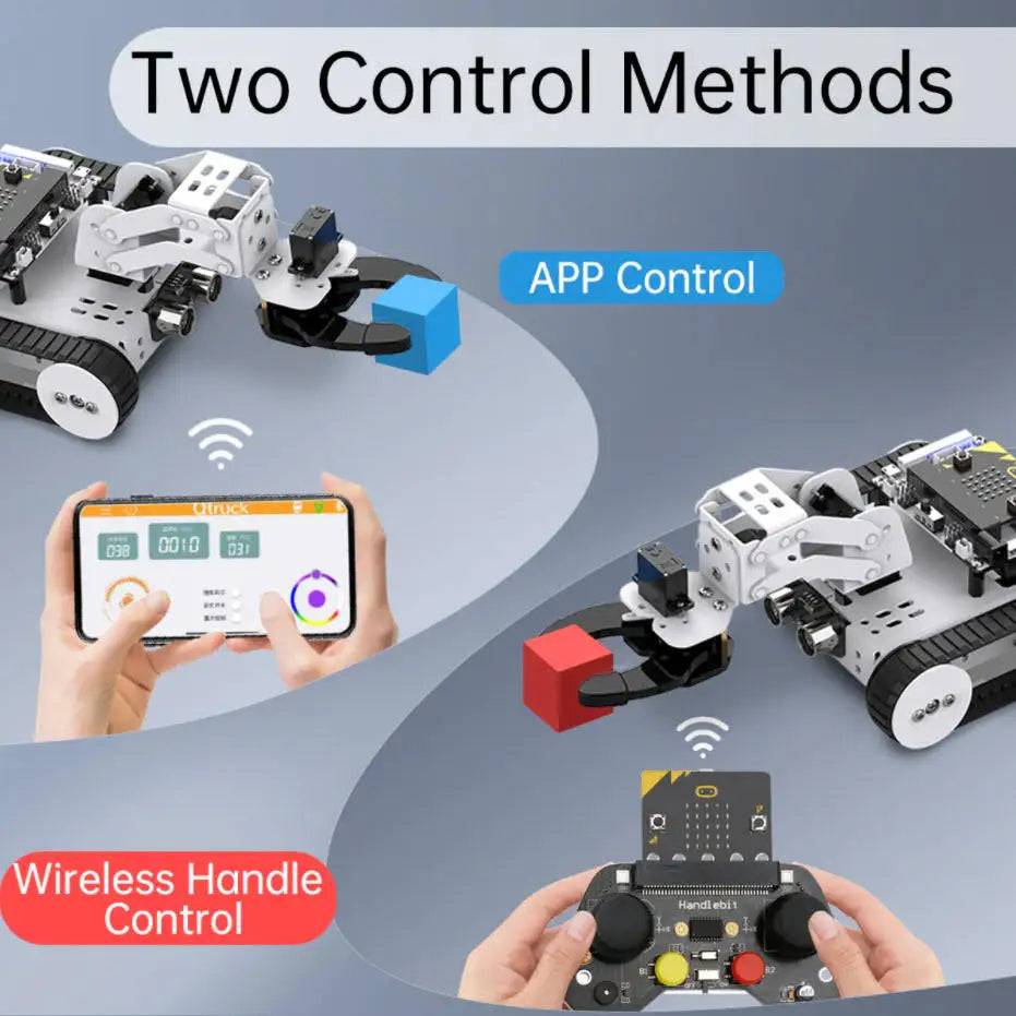 Qtruck 4-in-1 Smart Robot Car for Micro:bit V2 Programming STEM Project Educational Robot Kit Tracked Tank Car for Robotics Beginner Learn micro: bit Graphical Makecode Coding Car